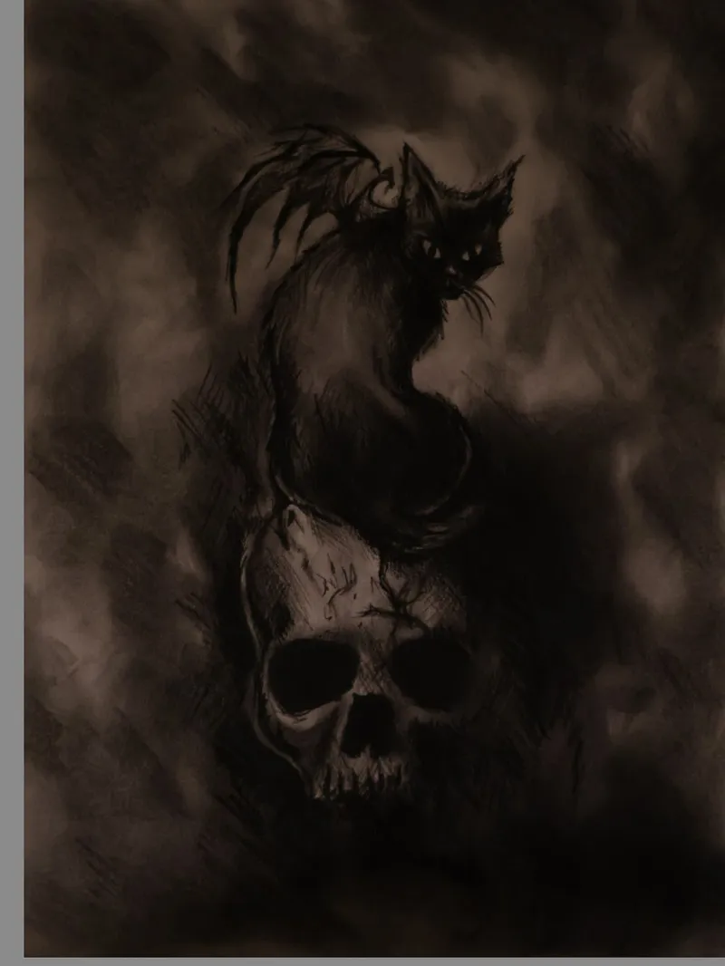 Charcoal Cat on Skull